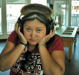 Sharon Shorty with headset